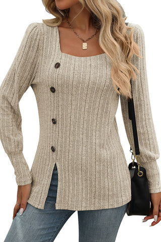 Square Collar Pit Stripe Brushed Solid Color Top