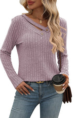 V-Neck Strappy Button Long Sleeve Top