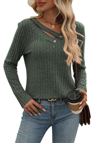 Strappy V-neck Button Pit Stripe Top With Long Sleeves