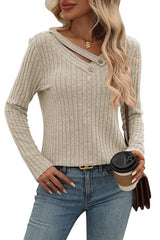 V-Neck Strappy Button Long Sleeve Top