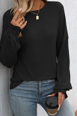 Lantern Sleeve Ribbed Loose Fit Top