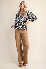 Bold Print V-neck Blouse With Voluminous Sleeves