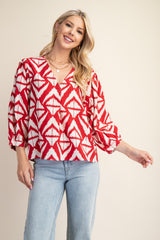 Bold Print V-neck Blouse With Voluminous Sleeves