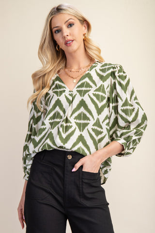 Bold Print V-neck Blouse With Voluminous Sleeves