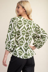 Bold Print V-neck Blouse With Voluminous Sleeves