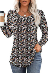 Floral Pleated Low Round Neck Top