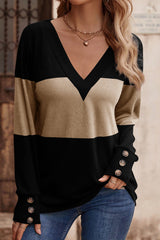 Colorblock Button Decor Long Sleeve VNeck Top