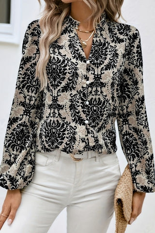 Bohemian Print Puff Sleeve Button-up Shirt
