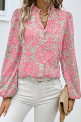 Bohemian Print Puff Sleeve Button-up Shirt
