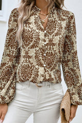 Bohemian Print Puff Sleeve Button-up Shirt