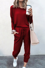 2 Pcs Loose Solid Color Long Sleeved Casual Set
