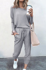 2 Pcs Loose Solid Color Long Sleeved Casual Set