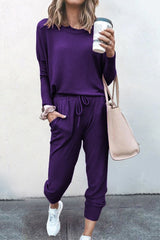 2 Pcs Loose Solid Color Long Sleeved Casual Set