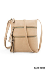 Vegan Leather Triple Zipper Crossbody Shoulder Bag
