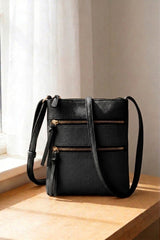 Vegan Leather Triple Zipper Crossbody Shoulder Bag
