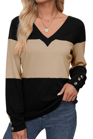 Splicing Button Decoration Casual V-neck Top