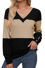 Splicing Button Decoration Casual V-neck Top