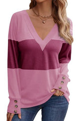 Splicing Button Decoration Casual V-neck Top