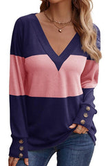 Splicing Button Decoration Casual V-neck Top