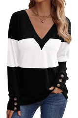 Splicing Button Decoration Casual V-neck Top
