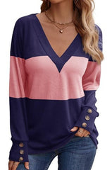 Splicing Button Decoration Casual V-neck Top