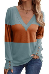 Splicing Button Decoration Casual V-neck Top