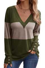 Splicing Button Decoration Casual V-neck Top