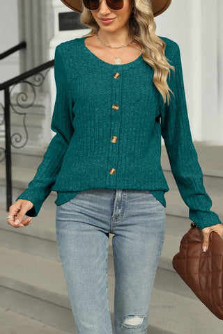 Button Embellished Round Neck Long Sleeve Top
