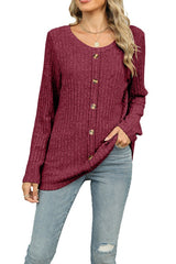 Button Embellished Round Neck Long Sleeve Top