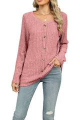 Button Embellished Round Neck Long Sleeve Top