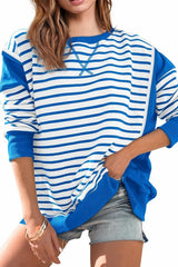 Color Block Striped Cross Seam Oversized Pullover