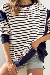 Color Block Striped Cross Seam Oversized Pullover