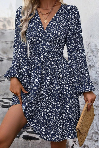 Lantern Sleeve High Waist V Neck Long Sleeve Dress