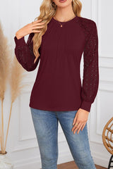 Lace Patchwork Round Neck Pleated Top