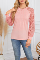 Lace Patchwork Round Neck Pleated Top