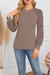 Lace Patchwork Round Neck Pleated Top