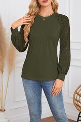 Lace Patchwork Round Neck Pleated Top