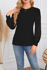 Lace Patchwork Round Neck Pleated Top