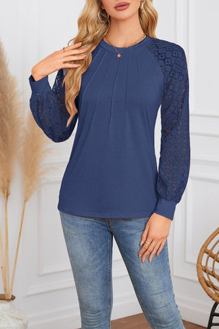 Lace Patchwork Round Neck Pleated Top