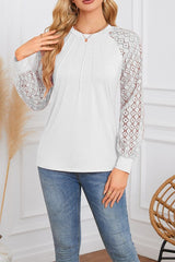 Lace Patchwork Round Neck Pleated Top