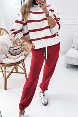 Striped Drop Shoulder Pullover Jogger Pants Set