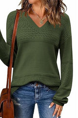 Color Block V Neck Crochet Pullover Sweater Top