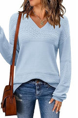 Color Block V Neck Crochet Pullover Sweater Top