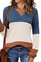 Color Block V Neck Crochet Pullover Sweater Top