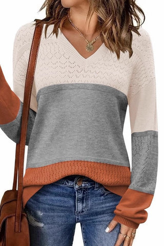 Color Block V Neck Crochet Pullover Sweater Top