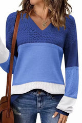 Color Block V Neck Crochet Pullover Sweater Top