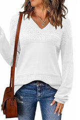 Color Block V Neck Crochet Pullover Sweater Top