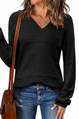 Color Block V Neck Crochet Pullover Sweater Top