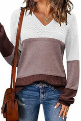 Color Block V Neck Crochet Pullover Sweater Top
