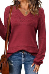 Color Block V Neck Crochet Pullover Sweater Top